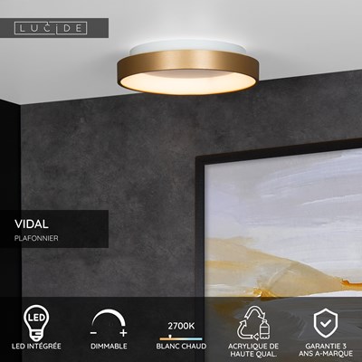 Lucide VIDAL - Plafonnier - Ø 28 cm - LED Dim. - 1x20W 2700K - Or Mat / Laiton